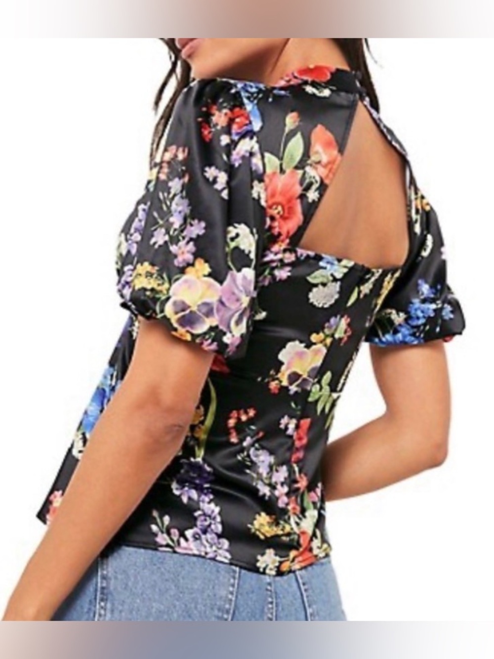 Lipsy London Floral Satin Mock-Neck Puff Sleeve Side Cut-Out Top, sz 6
